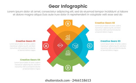 gear cogwheel infographic template banner with big shape with x slice separation with 4 point list information for slide presentation vector