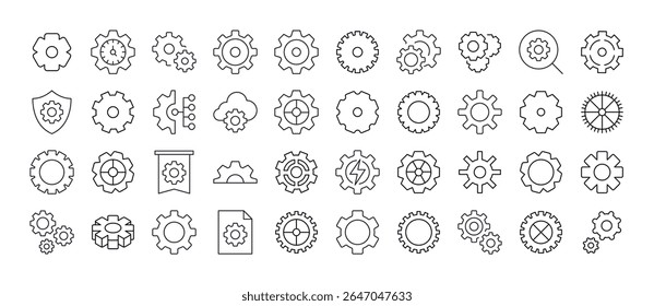 Engrenagem e Cogwheel linha ícone coleção. Outline Signs para Gráficos e Web Design, Apps, Anúncios, Vários Cartões 