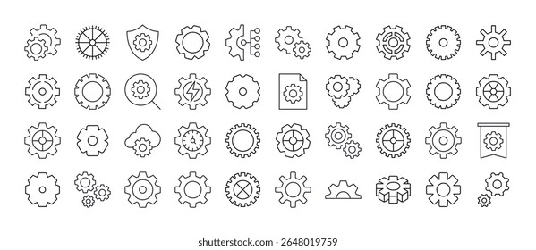 Engrenagem e Cogwheel Line Icon Pack. Outline Signs para Gráficos e Web Design, Apps, Anúncios, Vários Cartões 