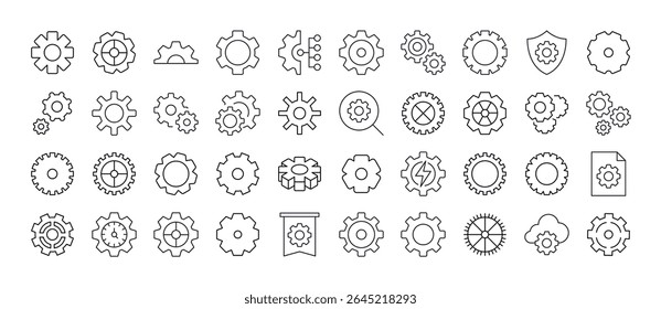 Conjunto de ícones de engrenagem e de roda dentada. Outline Signs para Gráficos e Web Design, Apps, Anúncios, Vários Cartões 