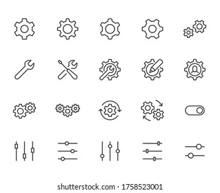 Gear, cogwheel line icons set. App settings button, slider, wrench tool, fix concept minimal vector illustrations. Simple flat outline signs for web interface. Pixel Perfect. Editable Stroke.
