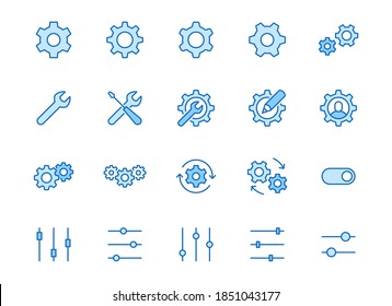 Zahnräder, Zahnradlinien-Symbole. Schaltfläche "App-Einstellungen", Schieberegler, Schraubenschlüssel-Tool, Beheben des Konzepts minimale Vektorgrafiken. Einfache flache Rahmenzeichen für die Web-Schnittstelle. Blaue Farbe, bearbeitbarer Stroke.