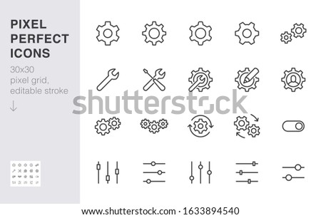 Gear, cogwheel line icons set. App settings button, slider, wrench tool, fix concept minimal vector illustrations. Simple flat outline signs for web interface. 30x30 Pixel Perfect. Editable Strokes.