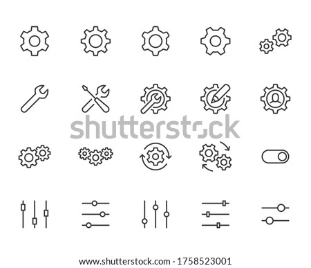 Gear, cogwheel line icons set. App settings button, slider, wrench tool, fix concept minimal vector illustrations. Simple flat outline signs for web interface. Pixel Perfect. Editable Stroke.