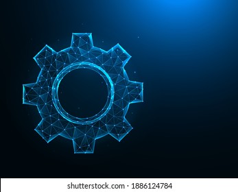 Gear or cogwheel low poly art. Settings or options polygonal vector illustrations on a blue background.