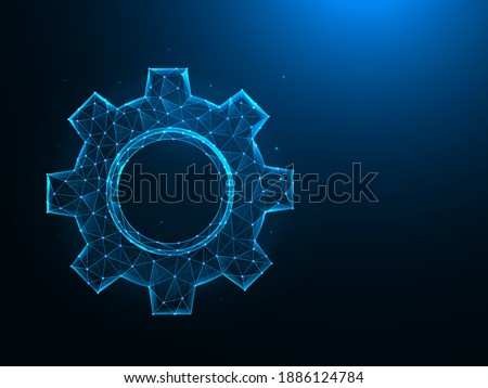 Gear or cogwheel low poly art. Settings or options polygonal vector illustrations on a blue background.