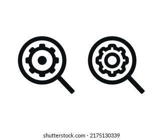 Gear cogwheel with magnifying glass icon. Settings search. Vector illustration