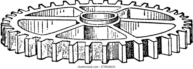 A gear or cogwheel is a rotating machine part having cut teeth, vintage line drawing or engraving illustration.