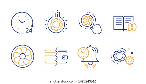 Gear, CogWheeleinstellungen und Facts Zeilensymbole gesetzt. 24 Stunden, Zahlungsmethoden und Zeitmanagement-Zeichen. Lüftermotor, Zahnräder-Symbole. Arbeitsprozess, Engineering-Tool. Business Set. Zeilengänge-Symbol Vektorgrafik