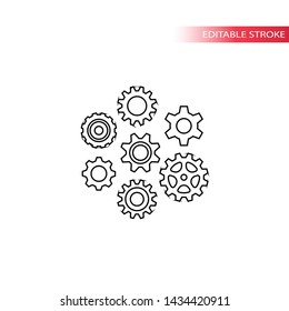 Gear or cogwheel thin line icon set. Cogwheel vector outline symbol set. Editable stroke.