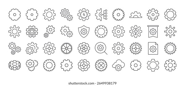 Gear and Cogwheel Thin Line Icon Set. Outline Signs for Graphic and Web Design, Apps, Adverts, Various Cards 