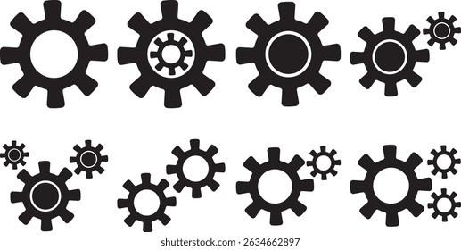 Gear and Cogwheel Vector Icon Set – Black Mechanism Symbols for Progress and Construction.