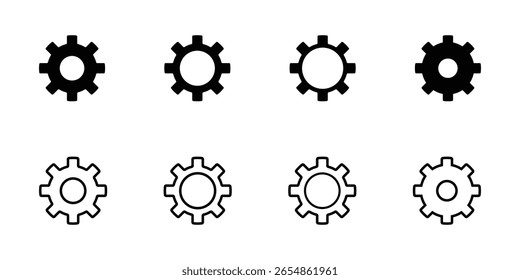 Conjunto de Ícones Vetoriais de Engrenagem e Cogwheel, Sólido e Contorno Símbolos Tecnológicos para IU e Design de Engenharia