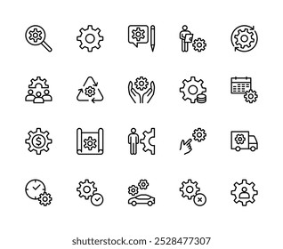Lineare Symbole für Zahnrad und Zahnrad. Enthält Symbole wie Zahnrad, Lupe, Einstellungen, Person, Hände, Mechanismus und mehr. Isolated Gear ähnliche Symbolsammlung auf weißem Hintergrund.