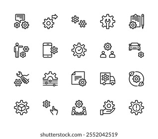 Lineare Symbole für Zahnrad und Zahnrad. Enthält Symbole wie Mechanismus, Arbeitsablauf, Getriebemechanismus, Richtung, Schlüssel und mehr. Isolated Gear ähnliche Symbolsammlung auf weißem Hintergrund.