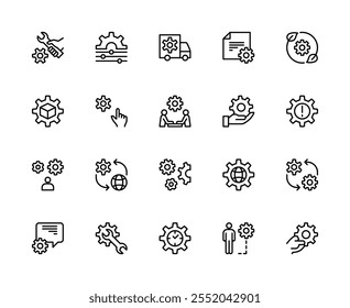 Gear and cogwheel vector linear icons set. Contains such icons as gear, wrench, settings, rotation, hand, auto, cogwheel, eco and more. Isolated Gear related icons collection on white background.