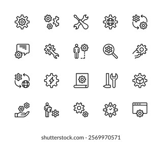 Gear and cogwheel vector linear icons set. Contains such icons as mechanism, gear, tools, rotation, wrench, man, magnifying glass and more. Isolated Gear related icons collection on white background.