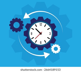 Ruedas dentadas de engranajes con ilustración tecnológica de reloj. Tecnología y gestión del tiempo en el Arte vectorial empresarial