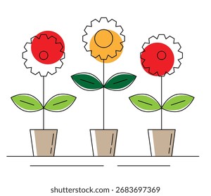 Zahnräder Technologische Blumen Linie Kunst isoliert auf Weiß. Natur- und Technologieidee, Vektorkunst