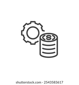Zahnrad mit Münzstapel-Liniensymbol. lineares Design für mobiles Konzept und Webdesign. Vektorsymbol für Münzen und Zahnradkonturen. Finanzprozess, Wirtschaftseinstellungssymbol, Logo-Illustration. Vektorgrafiken