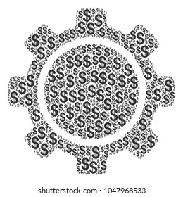 Gear collage of dollars. Vector dollar currency icons are united into gear composition.