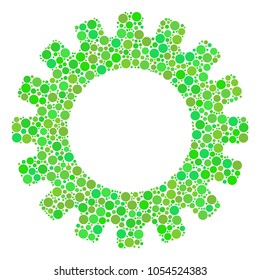 Gear collage of filled circles in different sizes and fresh green color tones. Vector circle elements are grouped into gear collage. Freshness vector illustration.