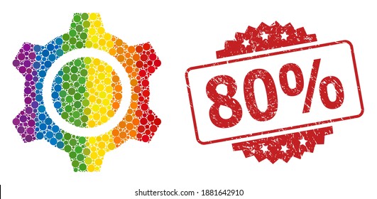 Gear collage icon of circle blots in variable sizes and LGBT colored shades, and 80 percent corroded rosette seal print. A dotted LGBT-colored Gear for lesbians, gays, transgenders, and bisexuals.