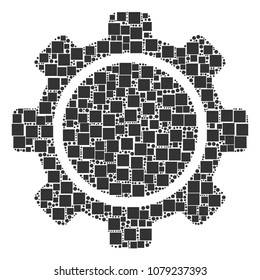 Gear collage icon of rectangles and round items in various sizes. Vector objects are composed into gear composition design concept.