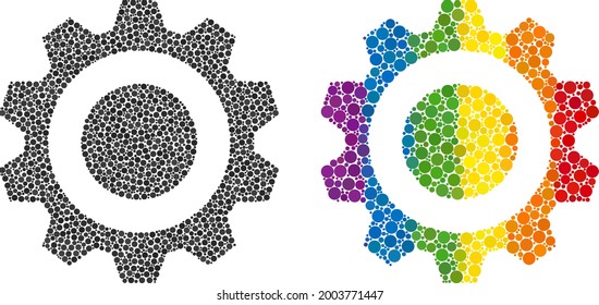 Gear collage icon of round items in various sizes and spectrum colorful color tinges. A dotted LGBT-colored gear for lesbians, gays, bisexuals, and transgenders. Vector symbol in LGBT flag colors.