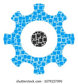 Gear collage icon of square figures and spheric dots in different sizes. Vector items are grouped into gear collage design concept.