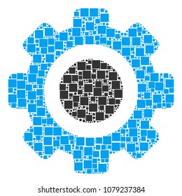 Gear collage icon of squares and circles in various sizes. Vector items are combined into gear illustration design concept.