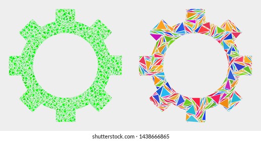 Gear collage icon of triangle items which have variable sizes and shapes and colors. Geometric abstract vector illustration of gear.