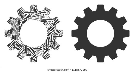 Gear collage of service instruments. Vector gear icon is shaped from cogwheels, hammers and other mechanical items. Concept of technician service.