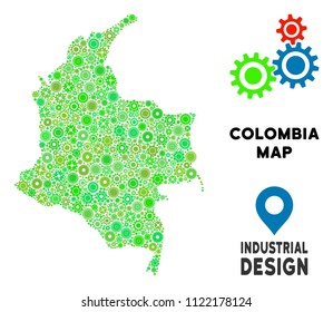 Gear Colombia map mosaic of small wheels. Abstract geographic scheme in green color tinges. Vector Colombia map is organized from gear wheels. Concept of industrial job.