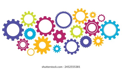 farbenfrohes abstraktes Design, Zahnräder. Symbolik der Teamarbeit und der Kooperationsmaschine. Ingenieurwesen und Technologie Vektorgrafik. Zusammenarbeit und Anbindung, technische Ausrüstung