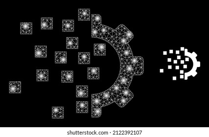 Gear compilation icon and constellation mesh gear compilation model with glitter spots. Illuminated model done from gear compilation vector icon and polygonal mesh.