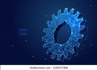 A gear composed of polygons. Low poly vector illustration of a starry sky or Comos. The Gears consists of lines, dots and shapes. Mechanical technology machine engineering symbol.