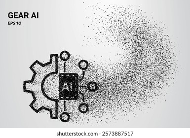 A gear composed of small circles and dots, with particles swirling around it. Vector illustration.