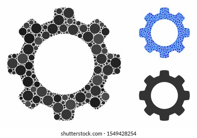 Gear composition of circle elements in variable sizes and color tints, based on gear icon. Vector circle elements are organized into blue composition. Dotted gear icon in usual and blue versions.