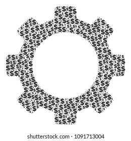 Gear composition of dollars and spheric dots. Vector money pictograms are arranged into gear illustration.