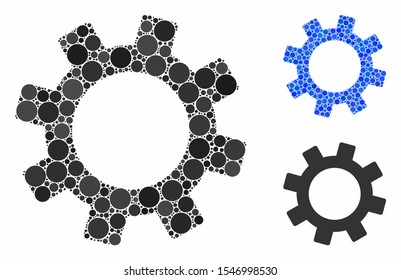 Gear composition of filled circles in various sizes and color tinges, based on gear icon. Vector filled circles are grouped into blue composition. Dotted gear icon in usual and blue versions.