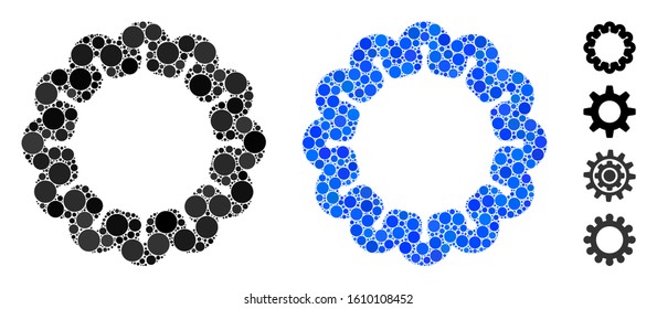Gear composition of round dots in different sizes and shades, based on gear icon. Vector round dots are grouped into blue illustration. Dotted gear icon in usual and blue versions.