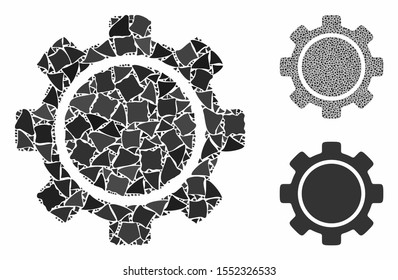 Gear composition of tuberous pieces in various sizes and color tints, based on gear icon. Vector trembly pieces are combined into composition. Gear icons collage with dotted pattern.
