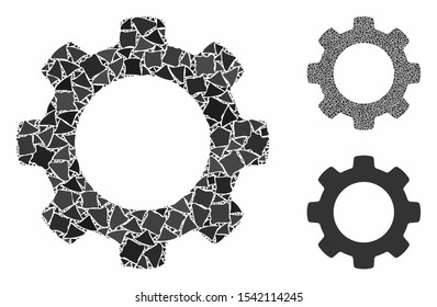 Gear composition of uneven parts in different sizes and color hues, based on gear icon. Vector uneven items are united into collage. Gear icons collage with dotted pattern.