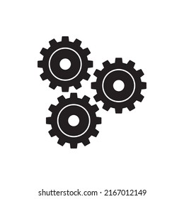Icono de configuración de engranajes en glifo plano negro, estilo relleno aislado en fondo blanco