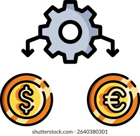 gear connected to dollar and euro coins representing global trade vector icon. Suitable for business presentations, finance articles, international trade concepts.