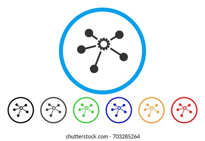 Gear Connections vector rounded icon. Image style is a flat gray icon symbol inside a blue circle. Bonus color versions are grey, black, blue, green, red, orange.