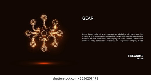 Gear. A gear consists of sparks and fire. Festive bright fireworks. Decorative element for celebrations and holidays. Vector illustration.