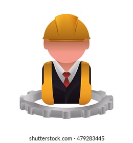 Gear and constructer man with helmet icon. Construction repair and industrial theme. Isolated design. Vector illustration