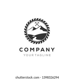 gear for construction logo with the hammer and mountain view in the middle